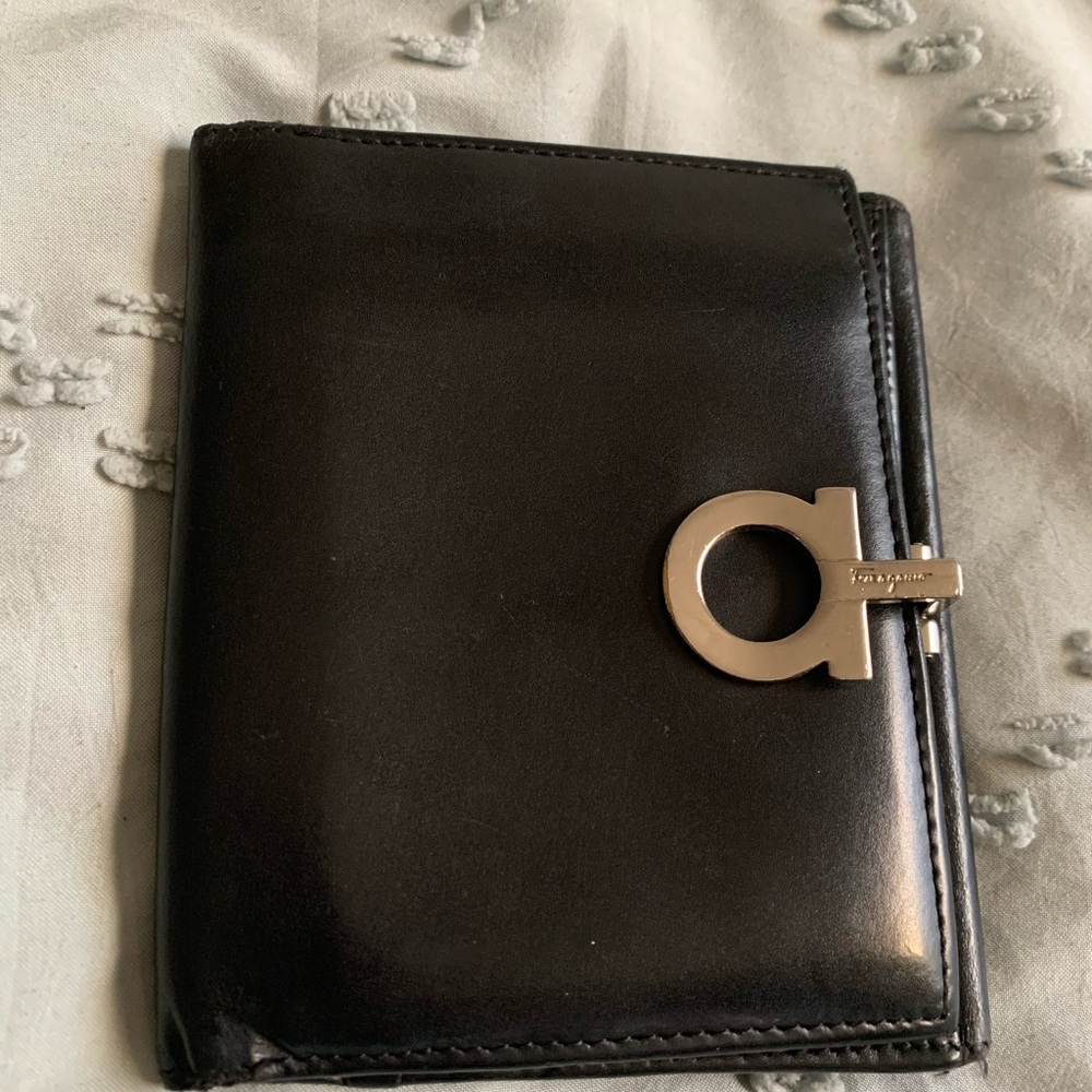 Black Leather Ferragamo Wallet with Silver Logo